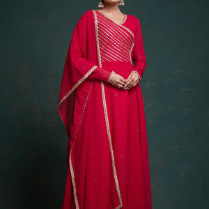 Chic Red Georgette Dress with Elegant Prints – Ready to Wear
