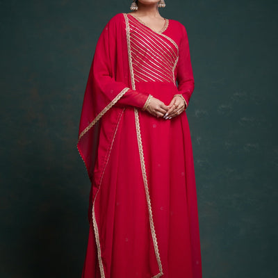 Chic Red Georgette Dress with Elegant Prints – Ready to Wear