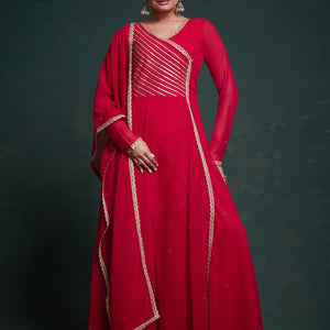 Chic Red Georgette Dress with Elegant Prints – Ready to Wear