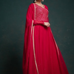 Chic Red Georgette Dress with Elegant Prints – Ready to Wear