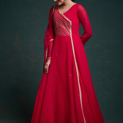 Chic Red Georgette Dress with Elegant Prints – Ready to Wear
