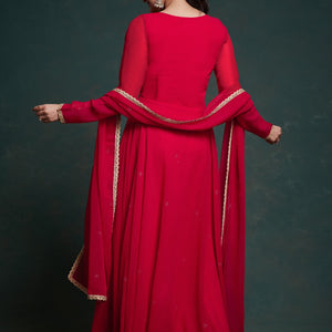 Chic Red Georgette Dress with Elegant Prints – Ready to Wear