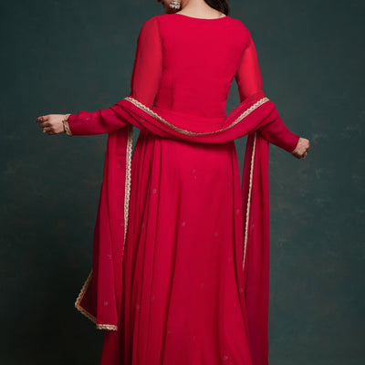Chic Red Georgette Dress with Elegant Prints – Ready to Wear