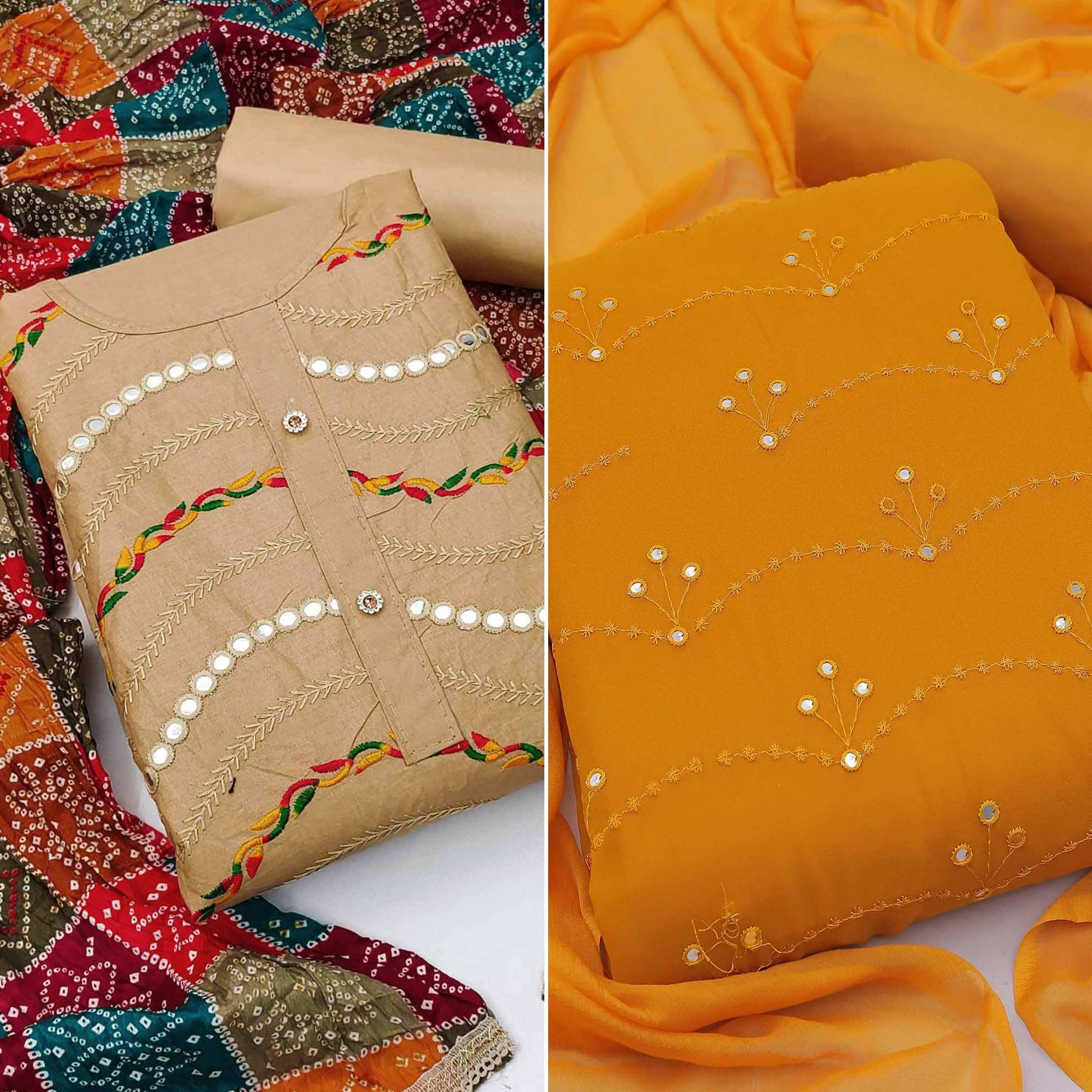 Chikoo And Dark Yellow Dress Material Pack Of 2