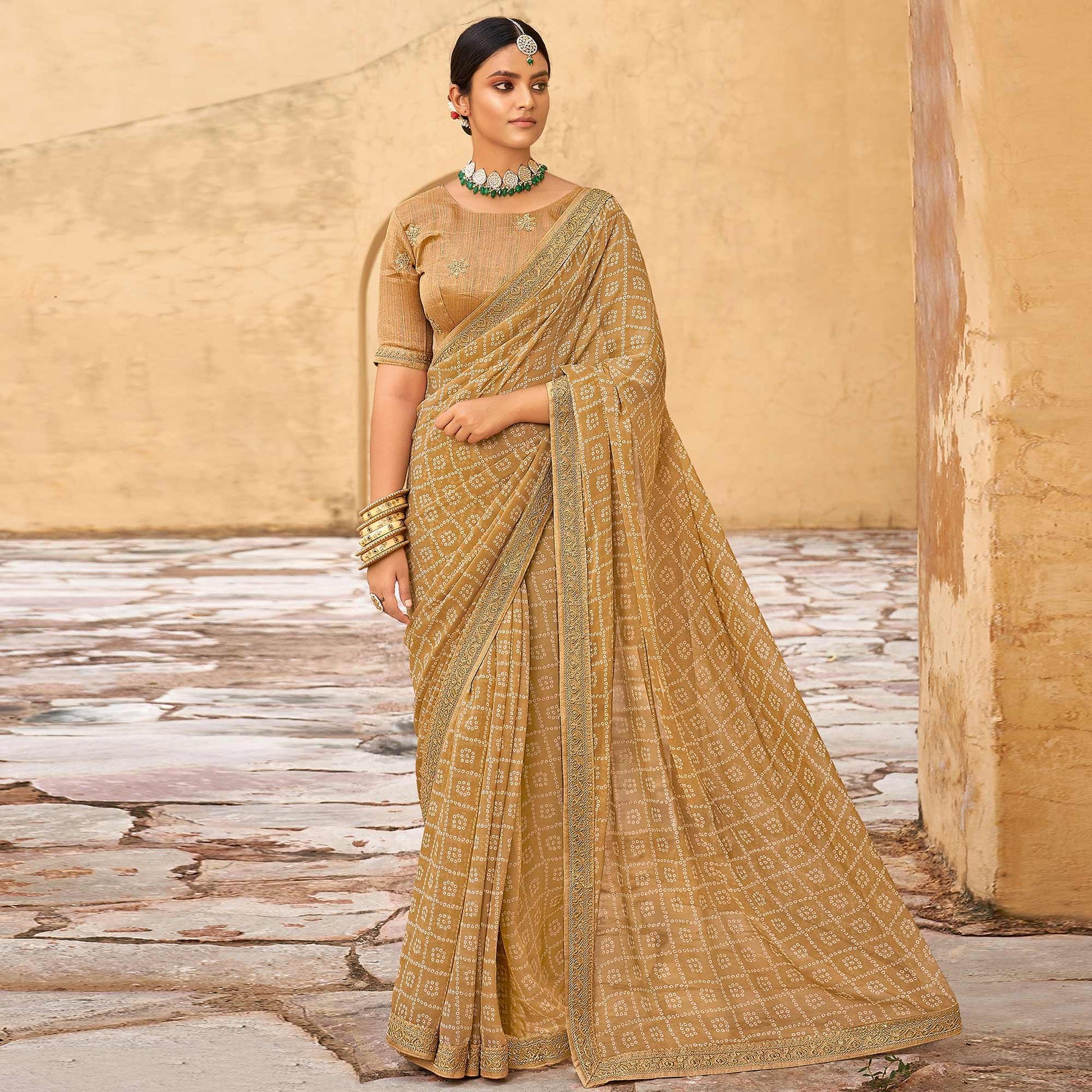 Chikoo Bandhani Printed Georgette Saree