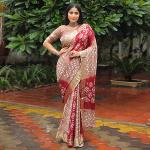 Chikoo Bandhani Printed With Woven Border Art Silk Saree
