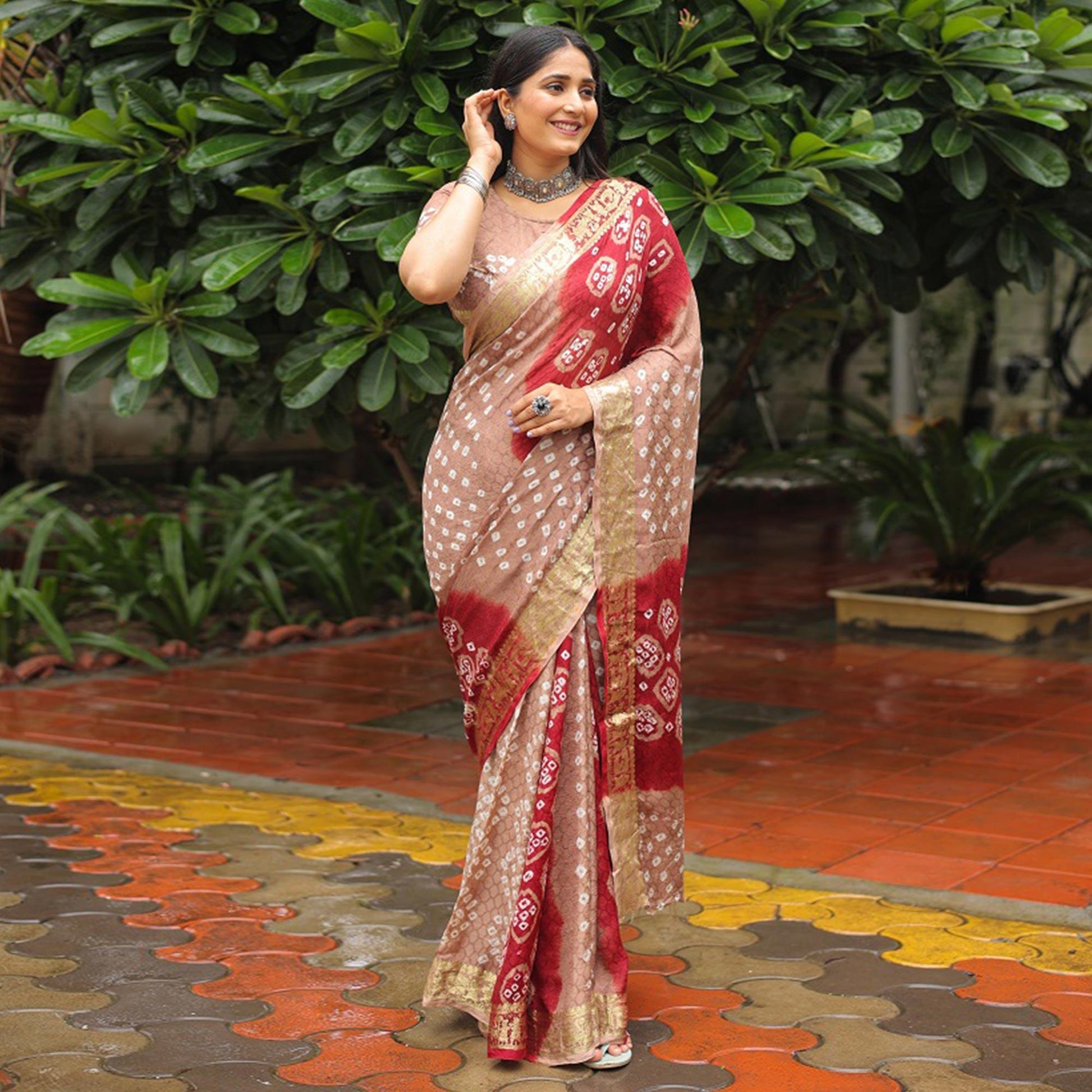 Chikoo Bandhani Printed With Woven Border Art Silk Saree