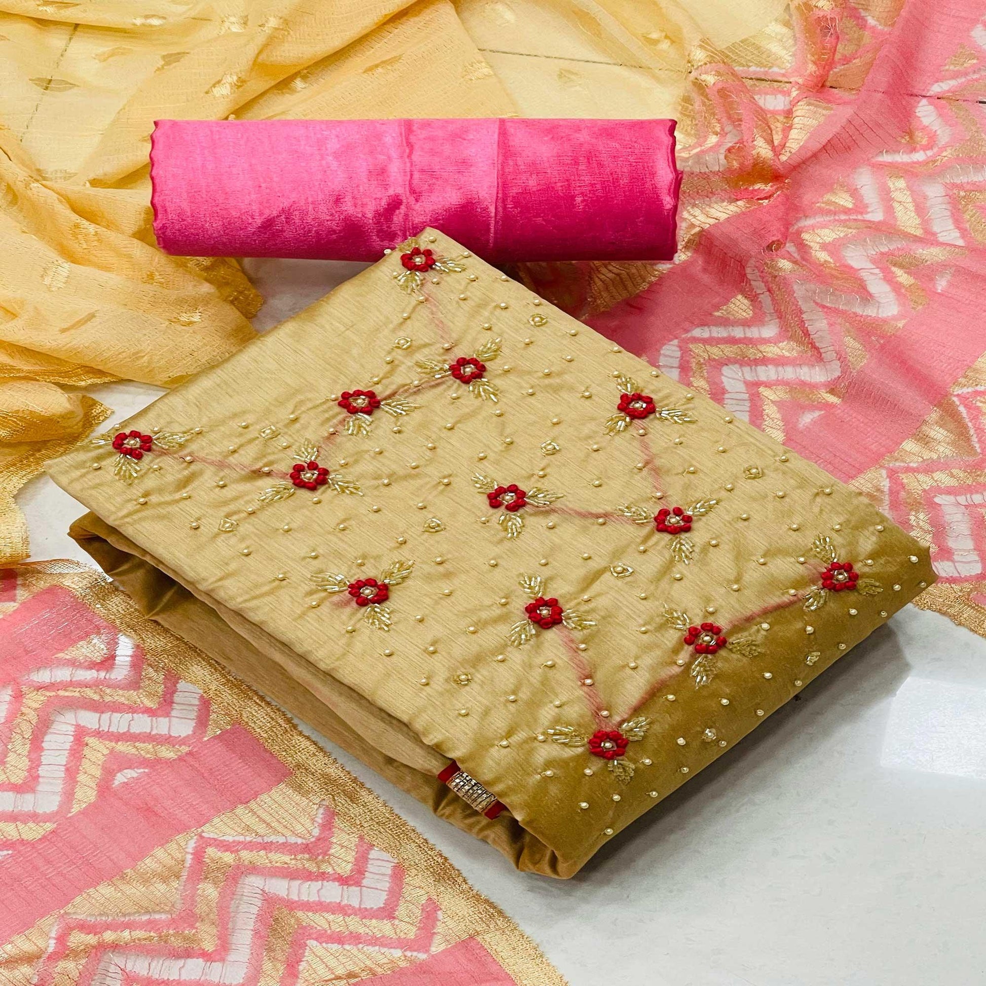 Chikoo Casual Wear Embellished Modal Silk Dress Material