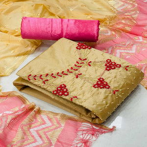 Chikoo Casual Wear Embellished With Embroidered Modal Silk Dress Material