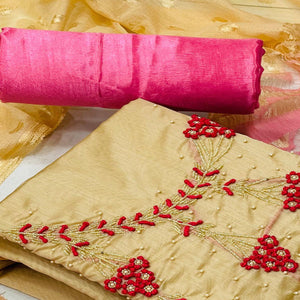 Chikoo Casual Wear Embellished With Embroidered Modal Silk Dress Material