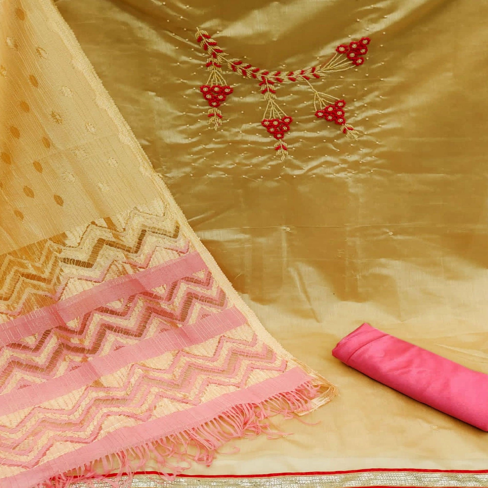 Chikoo Casual Wear Embellished With Embroidered Modal Silk Dress Material
