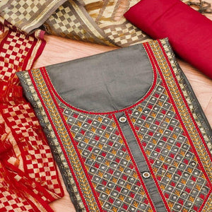 Chikoo Casual Wear Embroidered Cotton Dress Material