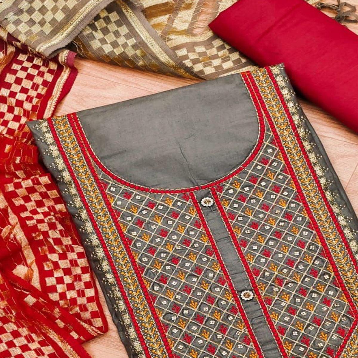 Chikoo Casual Wear Embroidered Cotton Dress Material