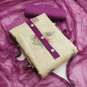 Chikoo Casual Wear Embroidery With Floral Printed Cotton Dress Material