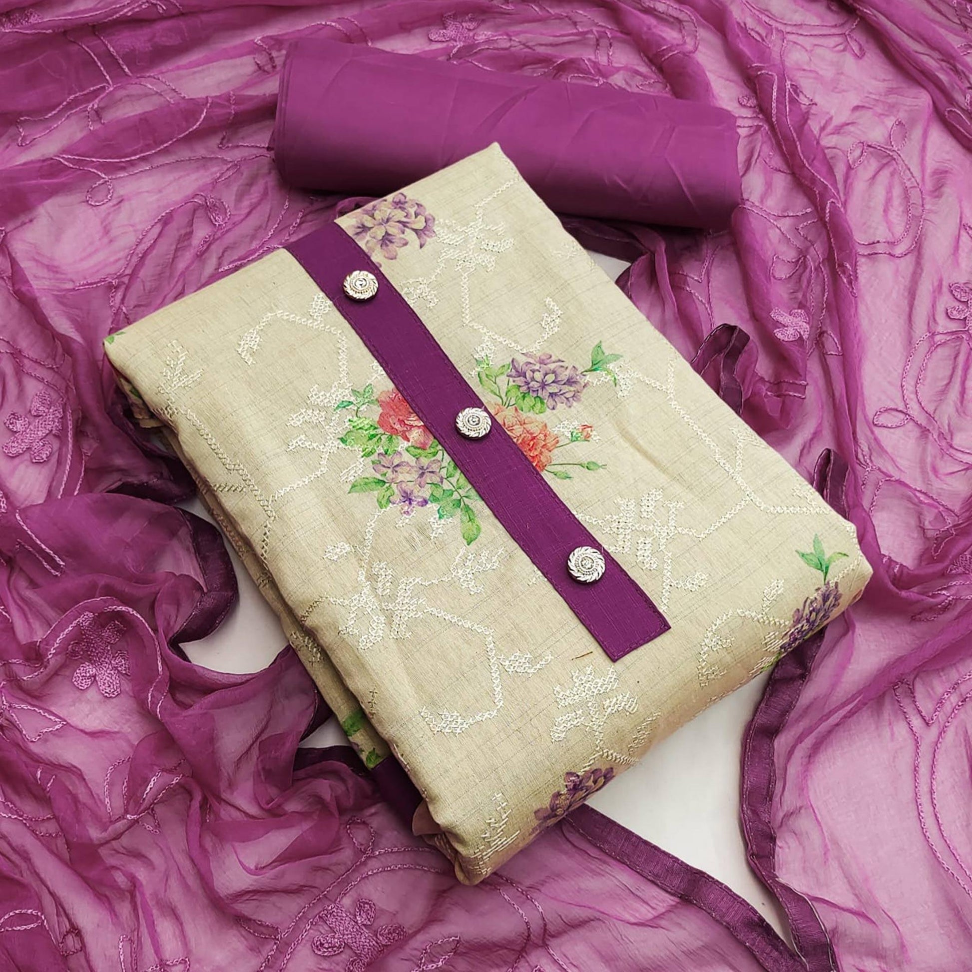 Chikoo Casual Wear Embroidery With Floral Printed Cotton Dress Material