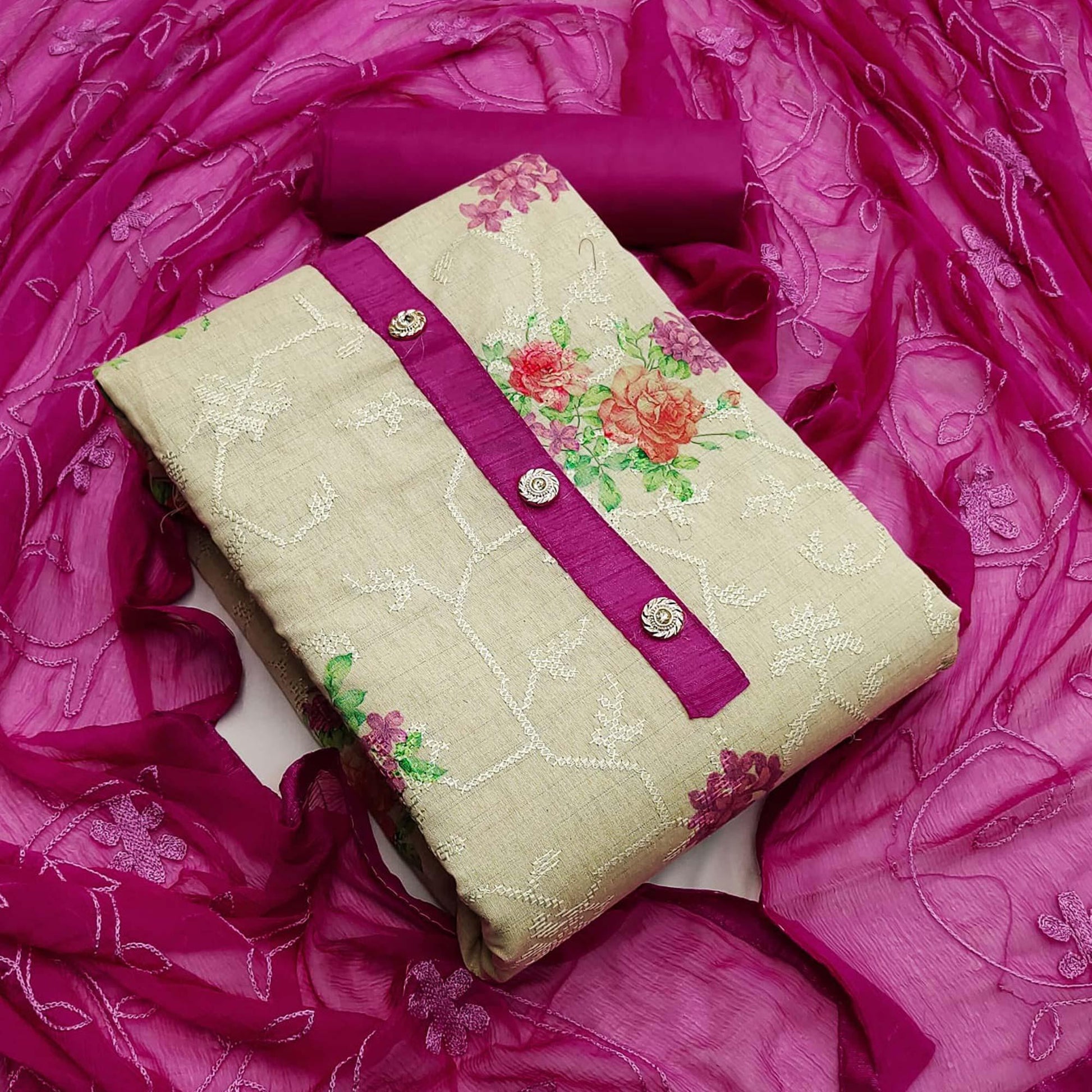 Chikoo Casual Wear Embroidery With Floral Printed Cotton Dress Material
