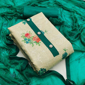 Chikoo Casual Wear Embroidery With Floral Printed Cotton Dress Material