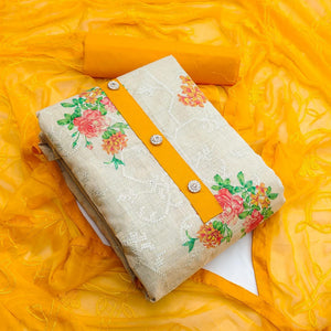 Chikoo Casual Wear Embroidery With Floral Printed Cotton Dress Material