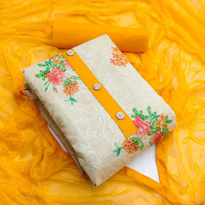 Chikoo Casual Wear Embroidery With Floral Printed Cotton Dress Material