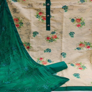 Chikoo Casual Wear Embroidery With Floral Printed Cotton Dress Material
