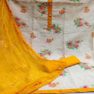 Chikoo Casual Wear Embroidery With Floral Printed Cotton Dress Material