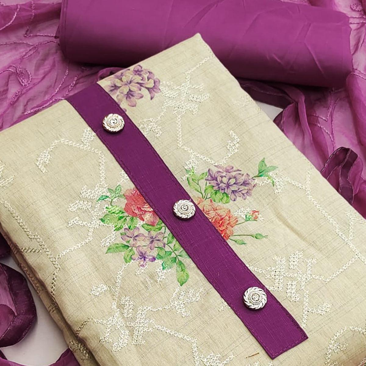Chikoo Casual Wear Embroidery With Floral Printed Cotton Dress Material