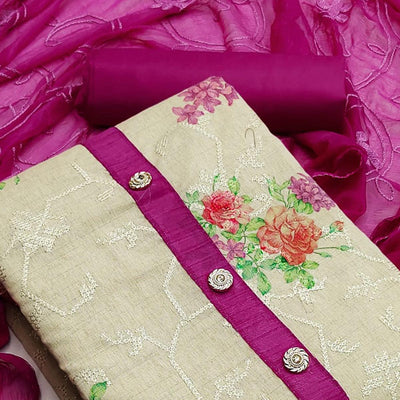 Chikoo Casual Wear Embroidery With Floral Printed Cotton Dress Material