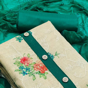 Chikoo Casual Wear Embroidery With Floral Printed Cotton Dress Material