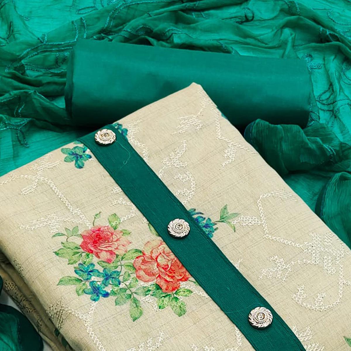 Chikoo Casual Wear Embroidery With Floral Printed Cotton Dress Material
