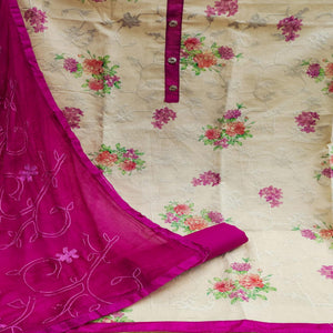 Chikoo Casual Wear Embroidery With Floral Printed Cotton Dress Material