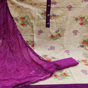 Chikoo Casual Wear Embroidery With Floral Printed Cotton Dress Material