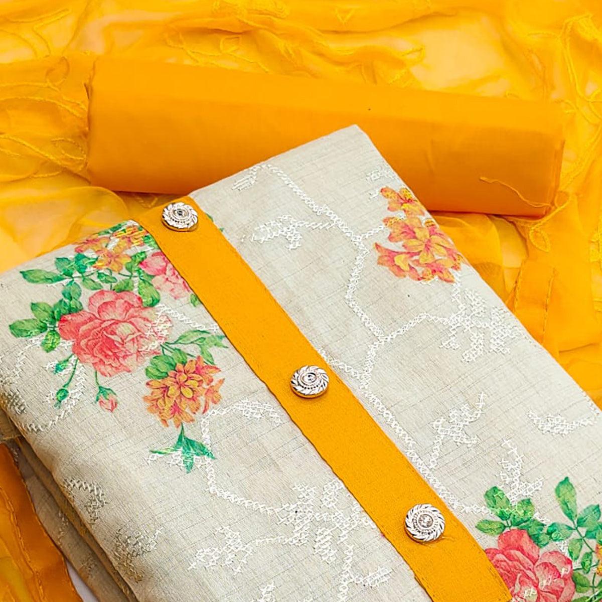 Chikoo Casual Wear Embroidery With Floral Printed Cotton Dress Material