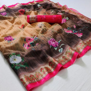 Chikoo Casual Wear Floral Digital Printed Linen Saree