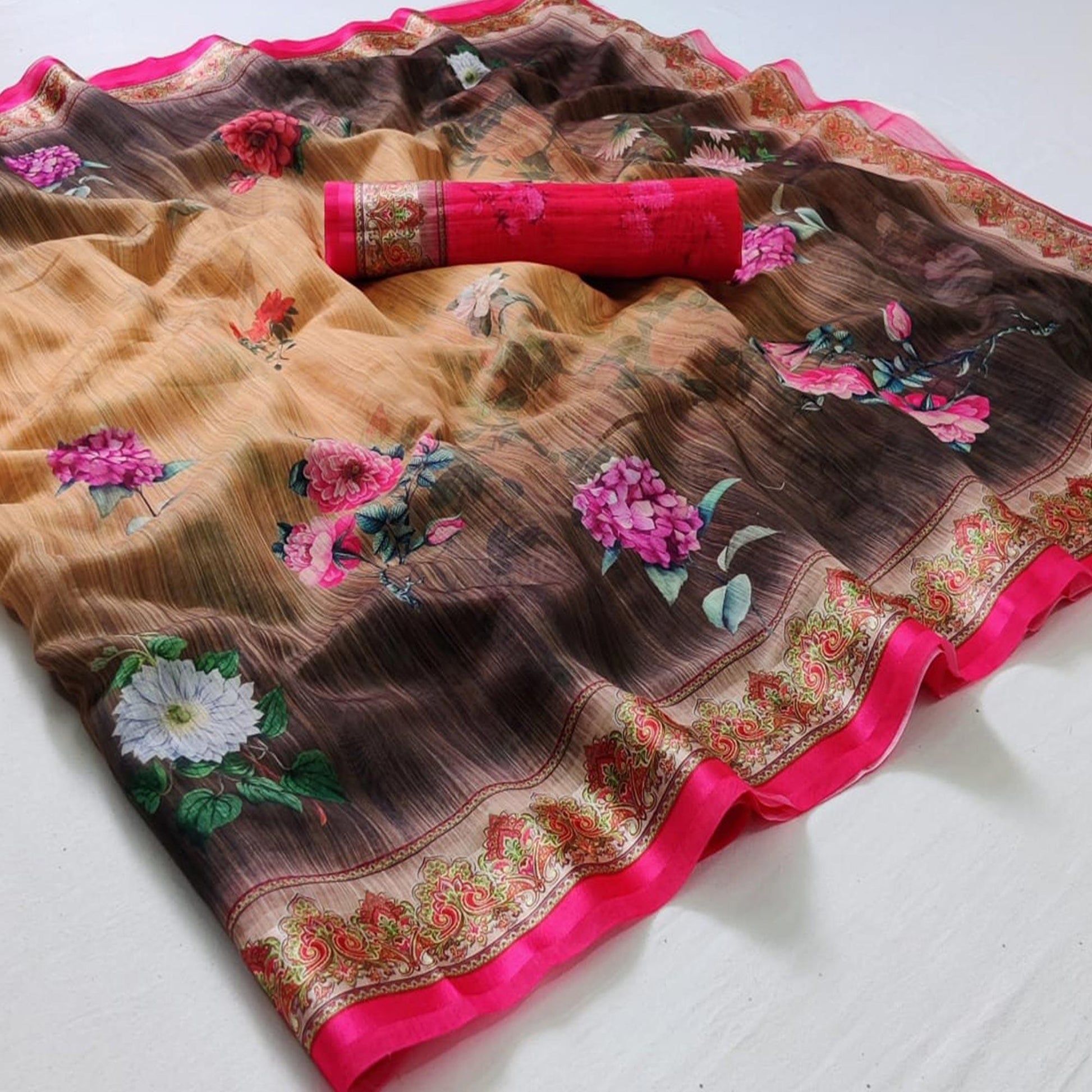 Chikoo Casual Wear Floral Digital Printed Linen Saree