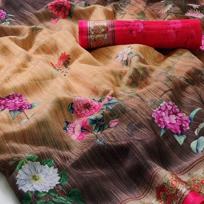 Chikoo Casual Wear Floral Digital Printed Linen Saree