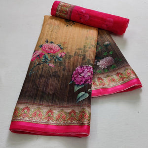 Chikoo Casual Wear Floral Digital Printed Linen Saree