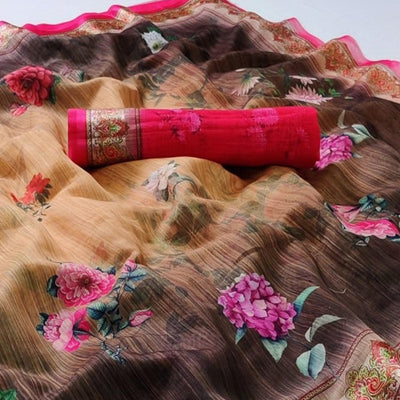 Chikoo Casual Wear Floral Digital Printed Linen Saree