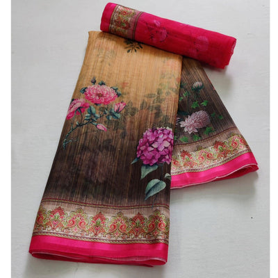 Chikoo Casual Wear Floral Digital Printed Linen Saree