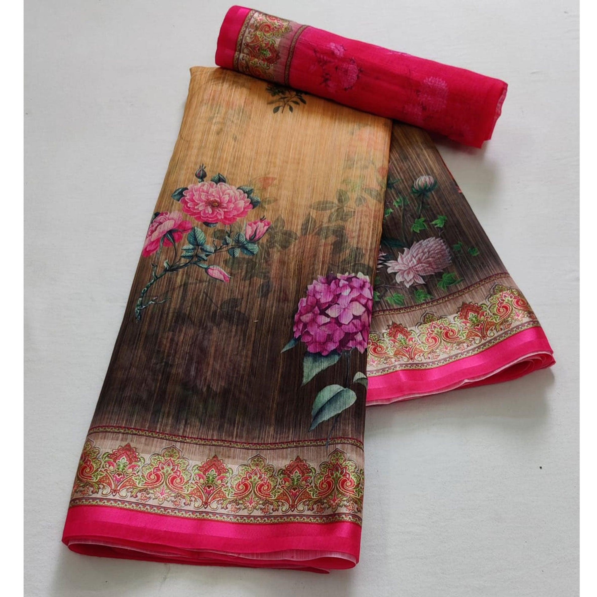 Chikoo Casual Wear Floral Digital Printed Linen Saree