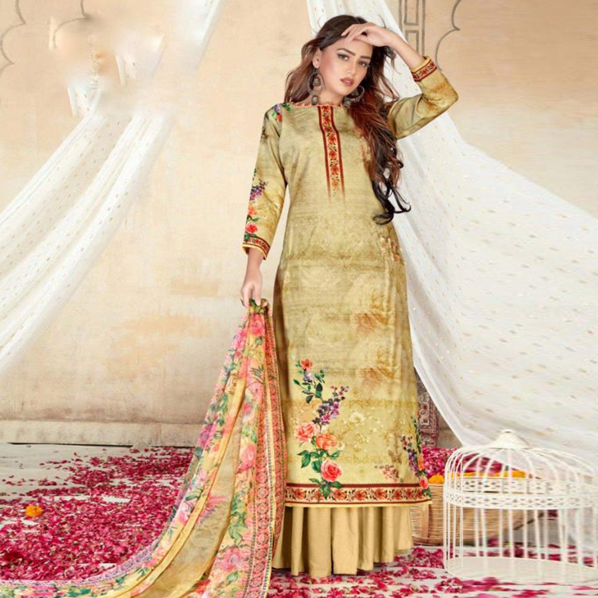 Chikoo Casual Wear Floral Printed Cotton Blend Dress Material