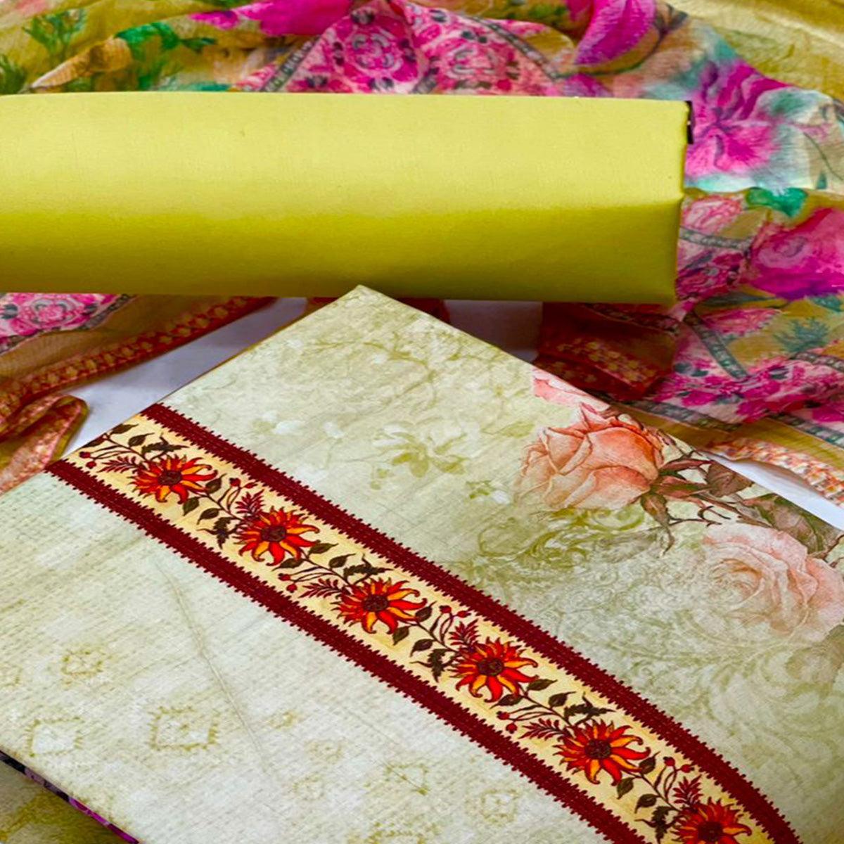 Chikoo Casual Wear Floral Printed Cotton Blend Dress Material