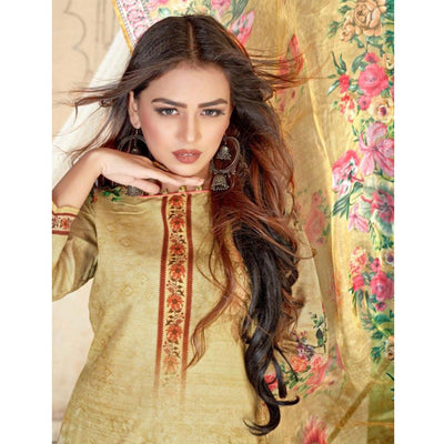 Chikoo Casual Wear Floral Printed Cotton Blend Dress Material