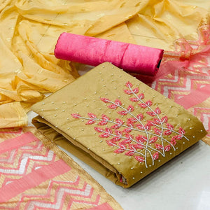 Chikoo Casual Wear Pearl Handwork Modal Silk  Dress Material