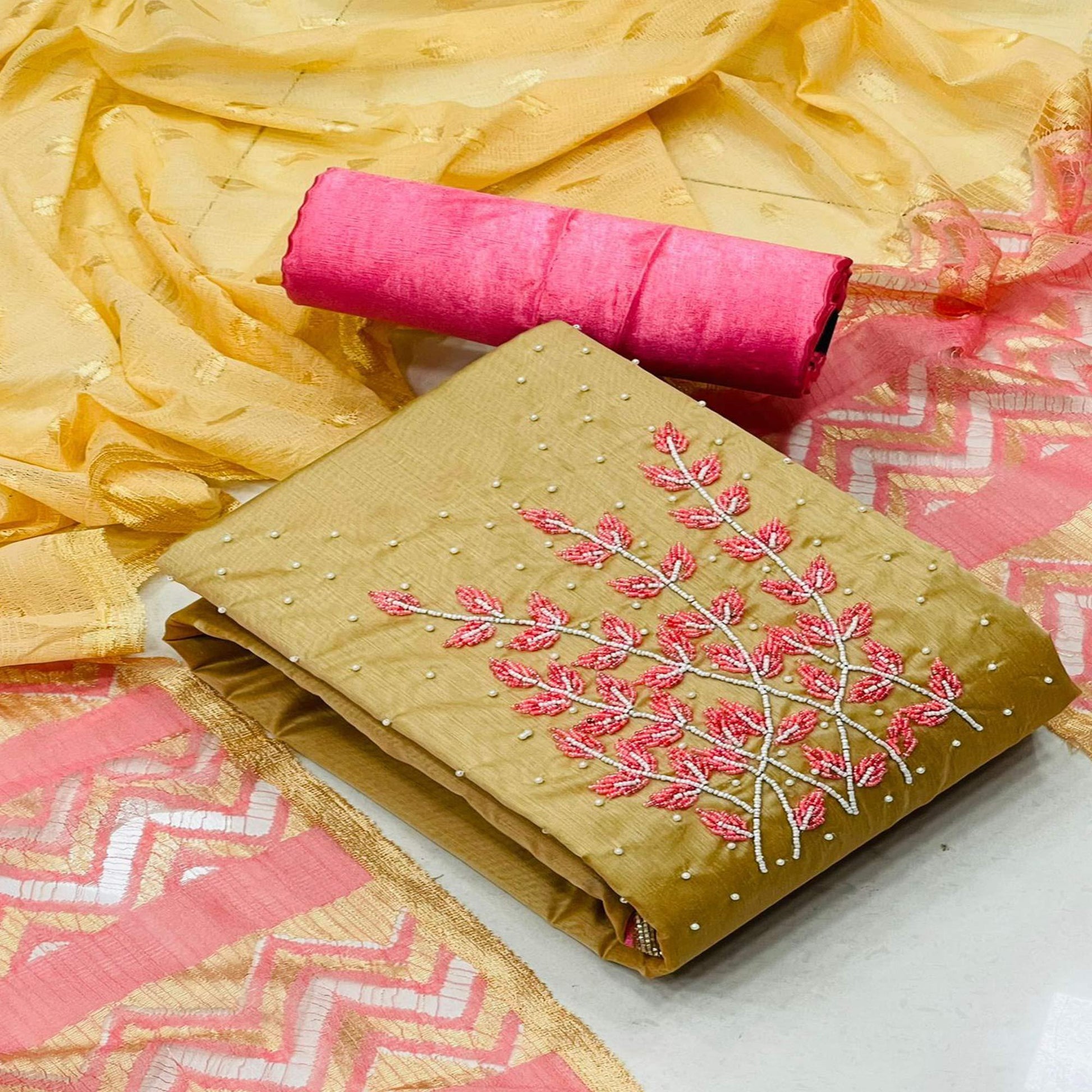 Chikoo Casual Wear Pearl Handwork Modal Silk  Dress Material