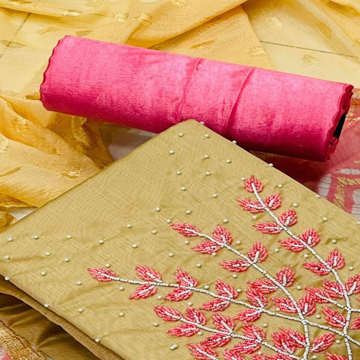 Chikoo Casual Wear Pearl Handwork Modal Silk  Dress Material