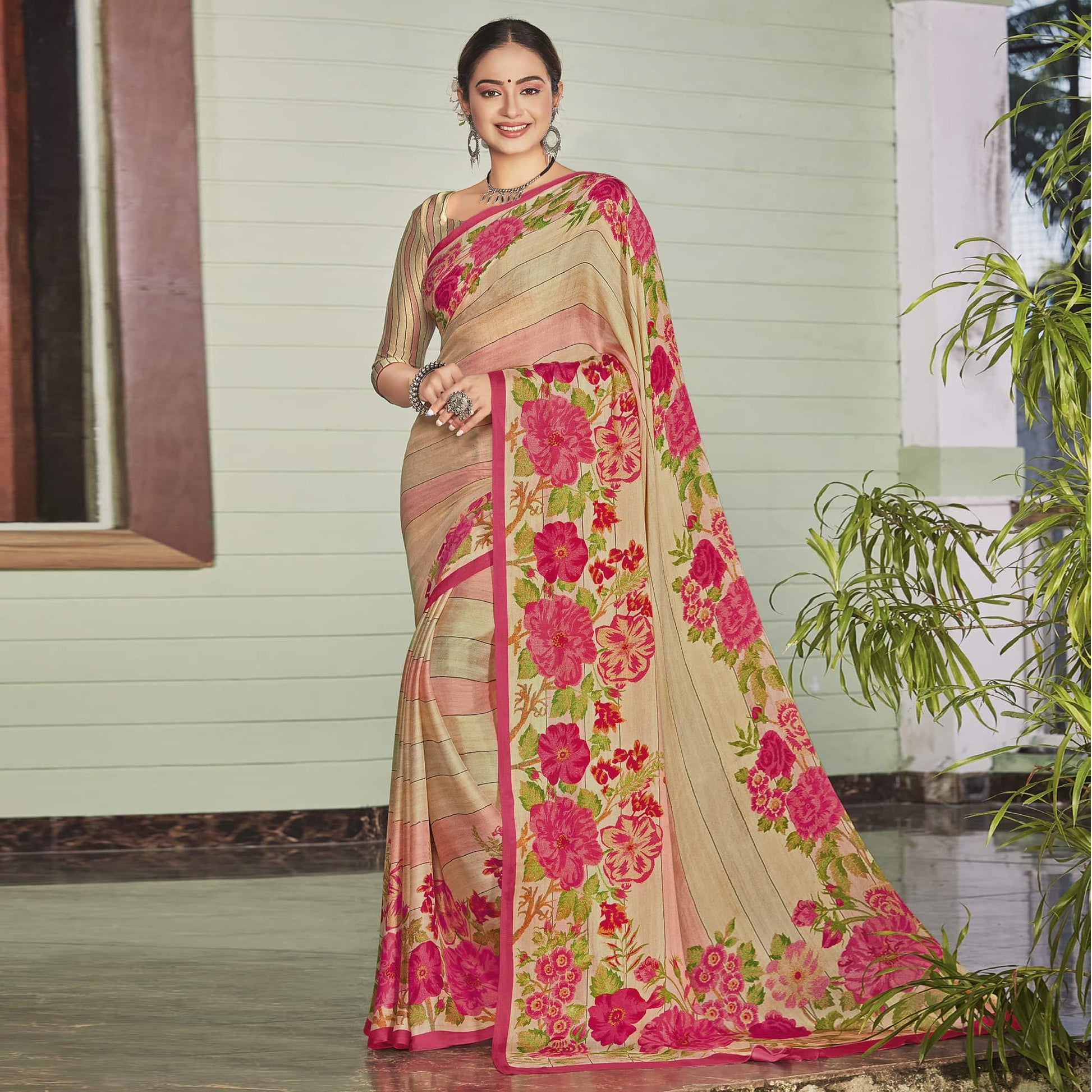 Chikoo Casual Wear Printed Crepe Saree