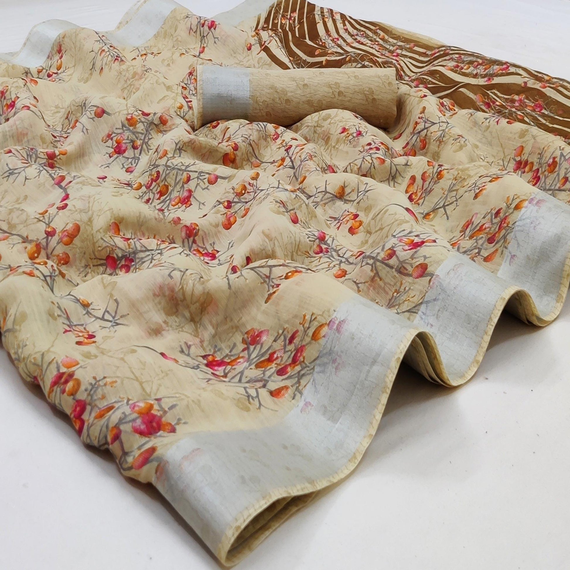 Chikoo Casual Wear Printed Linen Cotton Saree