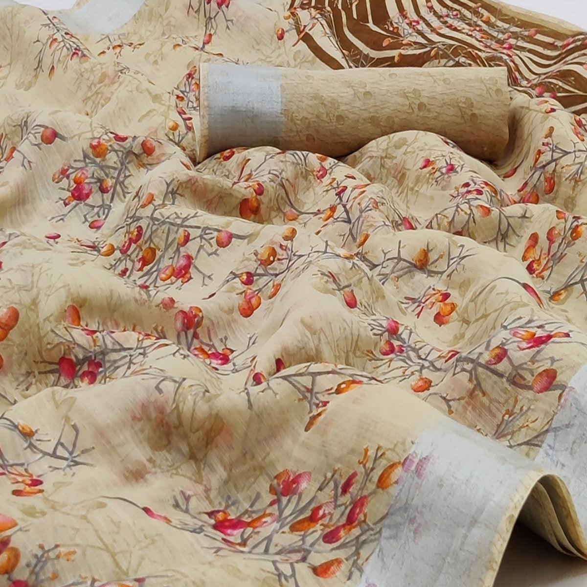 Chikoo Casual Wear Printed Linen Cotton Saree