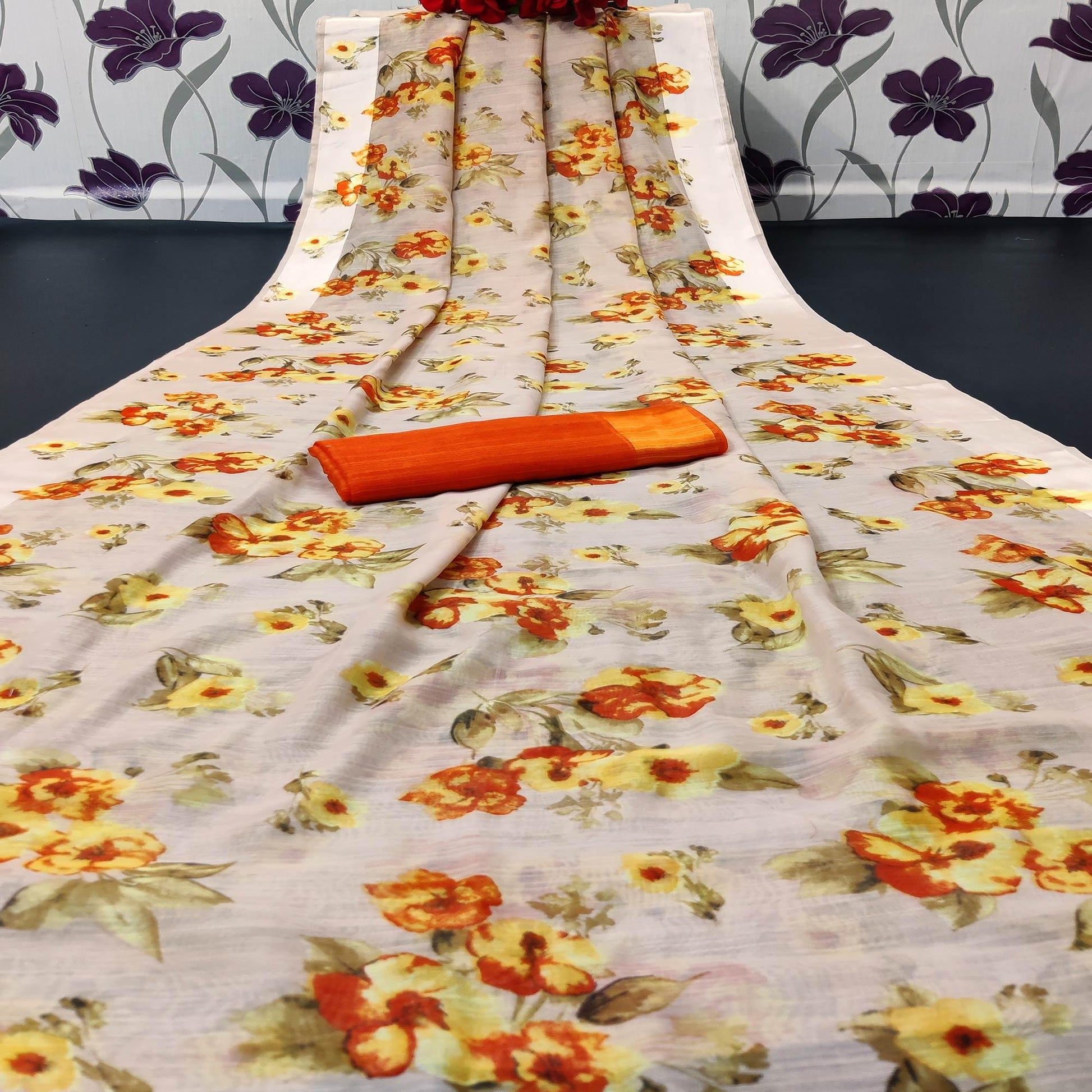 Chikoo Colored Casual Wear Floral Printed Linen Saree