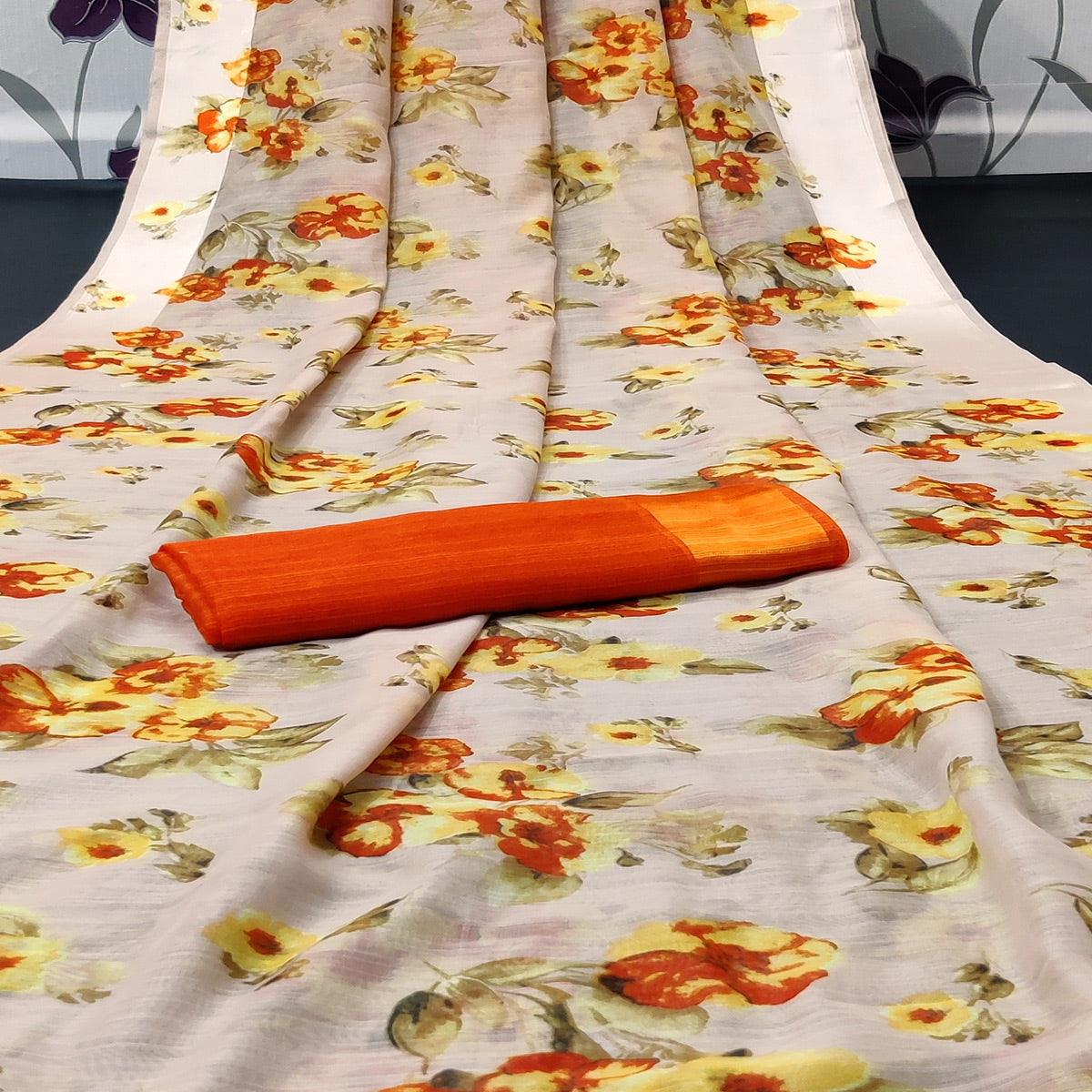 Chikoo Colored Casual Wear Floral Printed Linen Saree